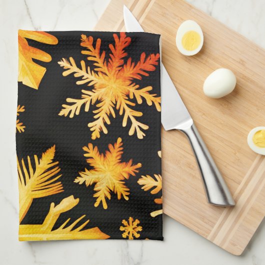 Gouden Sneeuwvlokken en zwarte achtergrondkleur Theedoek (Quarter Fold)