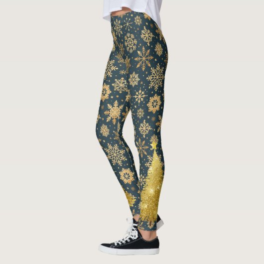 Gouden sneeuwvlokken op donkerblauw met boom leggings (Links)