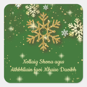Gouden sneeuwvlokken op groene Ierse Gaelic Kerstm Vierkante Sticker
