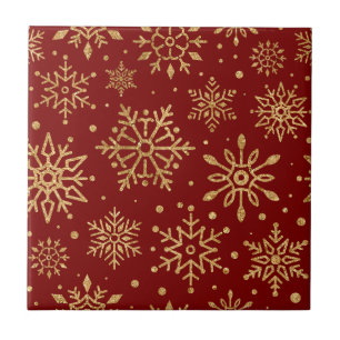 Gouden Sneeuwvlokken op Rood - Klassiek Kerstmis Tegeltje