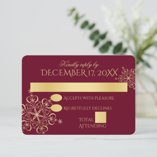 Gouden Sneeuwvlokken Winter Bruiloft Reactie Kaart (Staand voorkant)