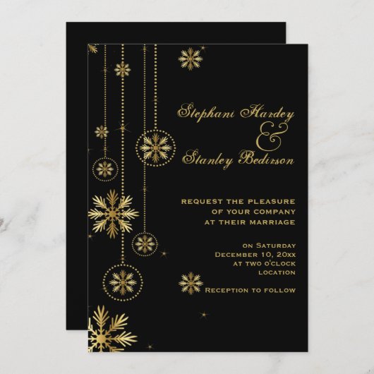 Gouden sneeuwvlokken zwarte winter bruiloft kaart (Voorkant / Achterkant)