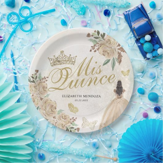 Gouden Sparkle Bloemen Prinses Quinceañera Verjaar Papieren Bordje (Feest)