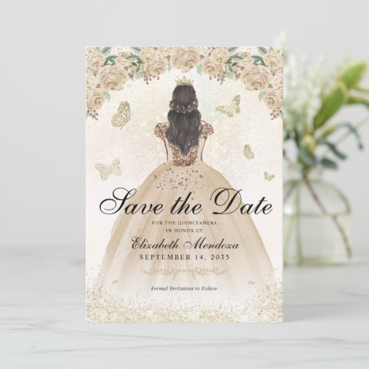 Gouden Sparkle Bloemen Prinses Quinceañera Verjaar Save The Date (Staand voorkant)