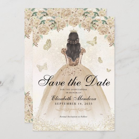 Gouden Sparkle Bloemen Prinses Quinceañera Verjaar Save The Date (Voorkant / Achterkant)