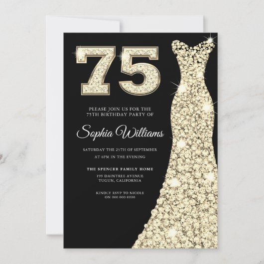 Gouden Sparkle Dress Vrouw Zwart 75ste Verjaardag  Kaart (Voorkant)