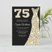 Gouden Sparkle Dress Vrouw Zwart 75ste Verjaardag  Kaart (Staand voorkant)