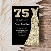 Gouden Sparkle Dress Vrouw Zwart 75ste Verjaardag  Kaart