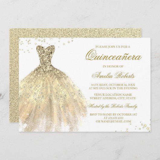 Gouden Sparkle Jurk Quinceanera Uitnodiging (Voorkant / Achterkant)
