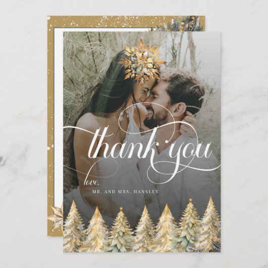 Gouden Sparkle Kerstbruiloft Bedankkaart (Voorkant / Achterkant)