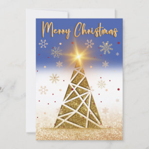 Gouden Sparkle Sneeuw & Kerstboom met Blauw Feestdagenkaart