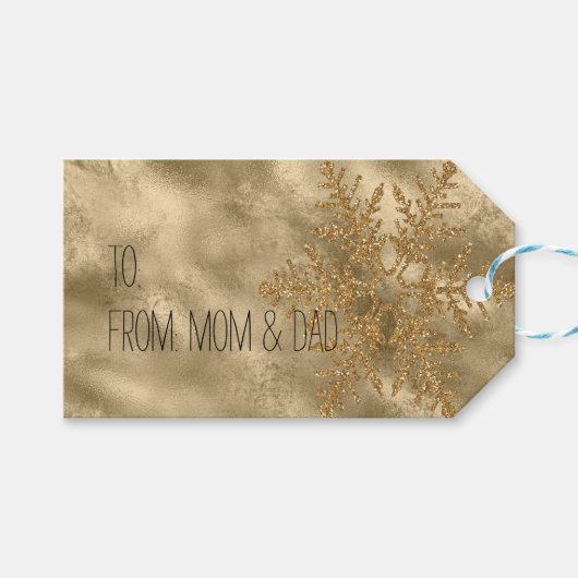Gouden Sparkle Sneeuwvlok Glitter Cadeaulabel (Voorkant (Horizontaal))