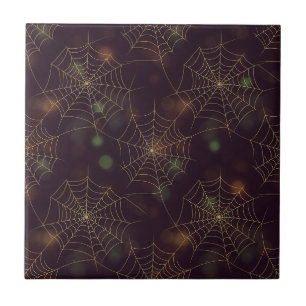 Gouden Spinnenweb Bokeh – Elegant Halloween Web (3 Tegeltje