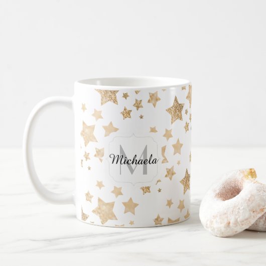 Gouden sprankeling Sterren Kerstmis Monogram wit Koffiemok (Met donut)