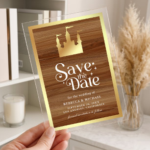 Gouden Sprookjeskasteel Trouw Save the Date Acryl Uitnodigingen