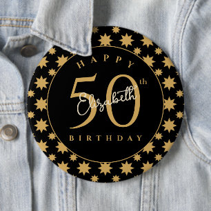 Gouden sterren 50e verjaardag aangepaste naam ronde button 6,0 cm