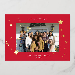 Gouden sterren Gelukkig kerstfeest Rood Foto Folie Feestdagenkaart