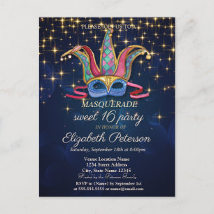 Gouden sterren, Kleurrijk masker, Marineblauw Swee Uitnodiging Briefkaart