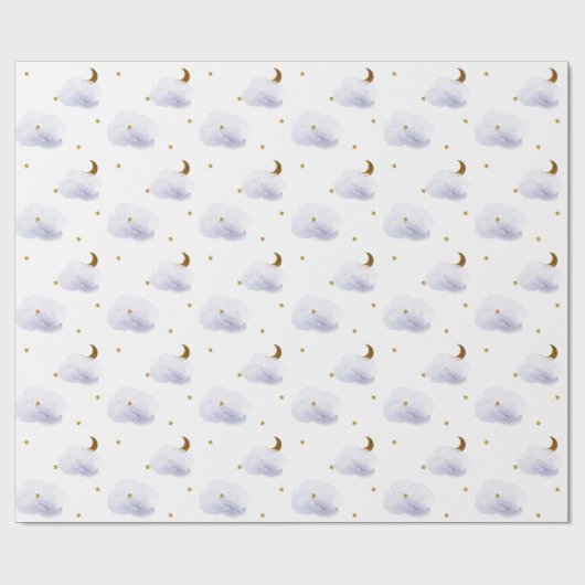 Gouden sterren, Maan, & Fluffy Lavendel Wolken Cadeaupapier (Vlak)