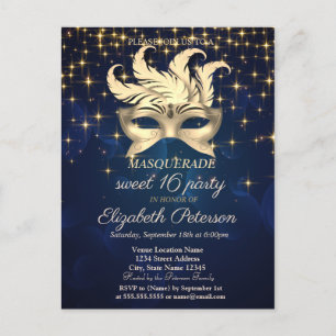 Gouden sterren,Masque,Navy Blue Sweet 16 Uitnodiging Briefkaart