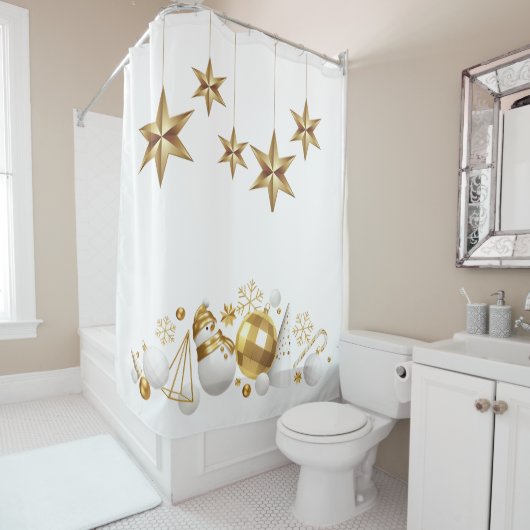 Gouden Sterren met Gouden en Witte Kerstversiering Douchegordijn (In situ)