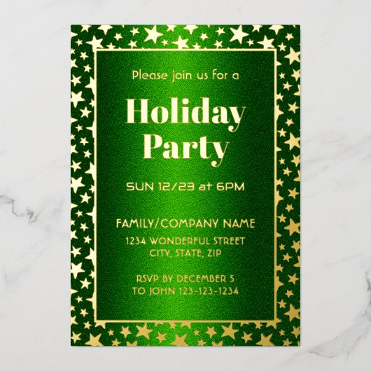 Gouden sterren moderne typografie kerstfeest groen folie uitnodiging (Voorkant)