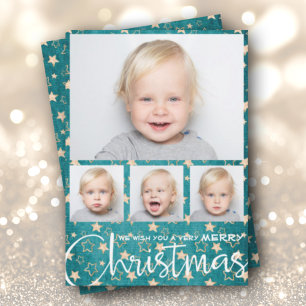 Gouden sterren op turquoise kerstkaart met meerder