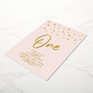 Gouden sterren   Roze Eerste verjaardagsfeestje Folie Uitnodiging