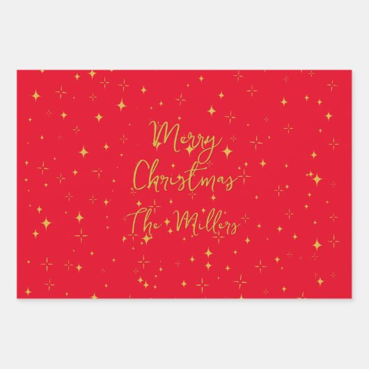 Gouden Sterren & Sparkles Gepersonaliseerd Rood Inpakpapier Vel (Voorkant)