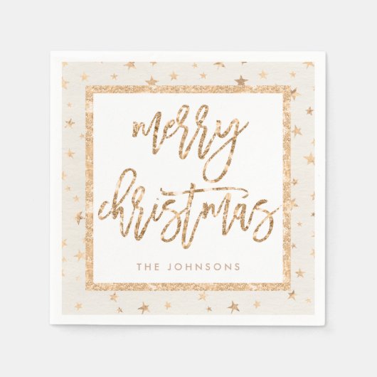 Gouden sterren vrolijk kerstfeest crèmekleurige pa servetten (Voorkant)