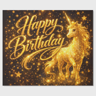 Gouden sterrenstof verjaardag — Fantasie eenhoorn Cadeaupapier
