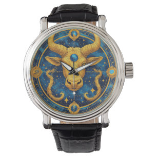 Gouden Stier Symbool Op Blauwe Cirkel Horloge