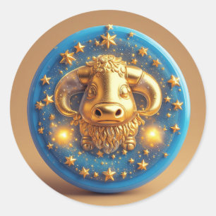 Gouden Stier Symbool Op Blauwe Cirkel Ronde Sticker