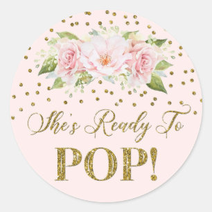 Gouden Stippen Roze Bloemen Ze is klaar om te Popp Ronde Sticker