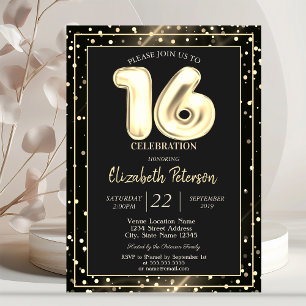 Gouden Stippen Zwarte Sweet 16 Feest Kaart