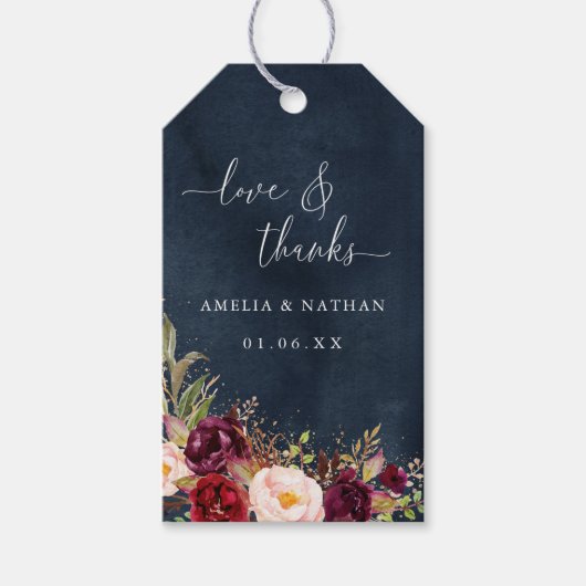 Gouden stof Bourgondische marine bloemenbruiloft Cadeaulabel (Voorkant)