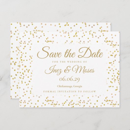 Gouden Stof Confetti Save the Date Briefkaart (Voorkant / Achterkant)