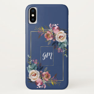 Gouden Stof Stofblauw Nevelroze Bloemen Monogram iPhone X Hoesje