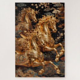 Gouden Storm Paarden in de Nachtelijke Hemel Legpuzzel