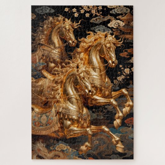 Gouden Storm Paarden in de Nachtelijke Hemel Legpuzzel (Verticaal)