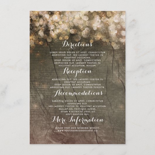 Gouden String Lights Rustieke Bruiloft Details Informatiekaartje (Voorkant)