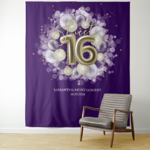 Gouden Sweet 16 Verjaardagsballonnen Feest Paarse Wandkleed