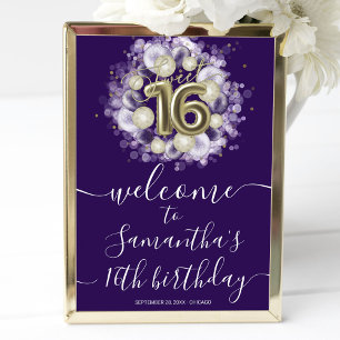 Gouden Sweet 16 Verjaardagsballonnen Paarse Welkom Poster