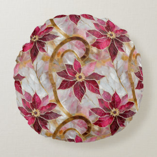 Gouden Swirls Bourgondië Roze Kerstmis Poinsettias Rond Kussen