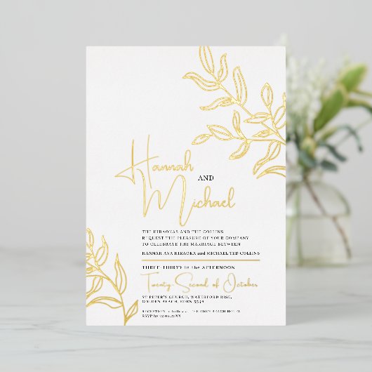Gouden tak van bladeren schets bruiloft folie uitnodiging (Staand Voorkant)