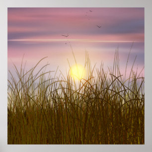 Gouden tarweveld zonsondergang lucht olieverfschil poster
