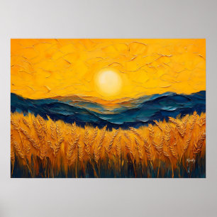 Gouden tarwevelden bij zonsondergang, olieverfschi poster