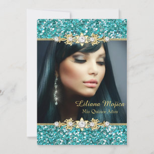 Gouden Teal Glitter & Jewel Boog Quinceanera Kaart