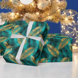 Gouden Teal Palmbladeren Luxe Tropisch Patroon Cadeaupapier