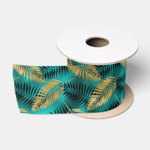 Gouden Teal Palmbladeren Luxe Tropisch Patroon Lint